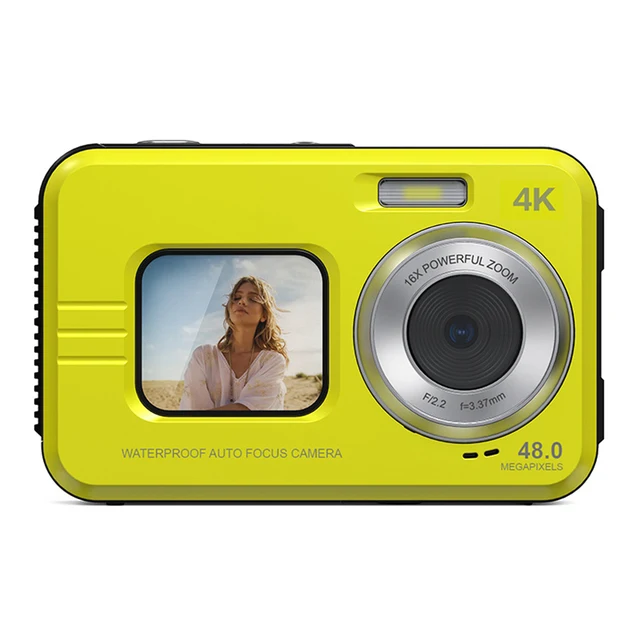 (amarillo Solo Para Cámara) Cámara Hd Resistente Al Agua, 48 Mp, Pantalla Dual De 2,7 Pulgadas, Zoom 16x