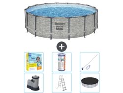 Piscina BESTWAY Round Steel Pro MAX - Estampado Piedra - 488 x 122 cm - Incluida Bomba - Escalera - Cobertor Accesorios CB36