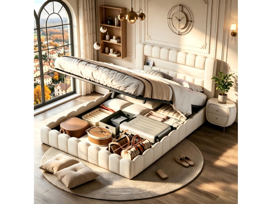 Cama Doble Tapizada De 140 X 200 Cm-Con Estantes De Almacenamiento Hidráulicos-estructura Con Cabecero-cama Canapé Y Somier De Láminas