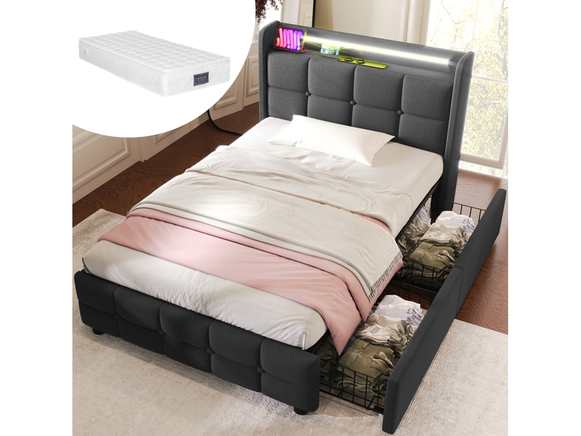 Cama Gris De 90x200 Con Iluminación Led, Puerto Usb Y Colchón.