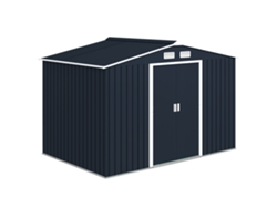 Caseta de jardín de 4,83 m². Dimensiones: 2,77 m (ancho) x 1,95 m (largo) x 1,92 m (alto). Incluye cimentación. Puerta corredera con ventilación. Chapa metálica gris.