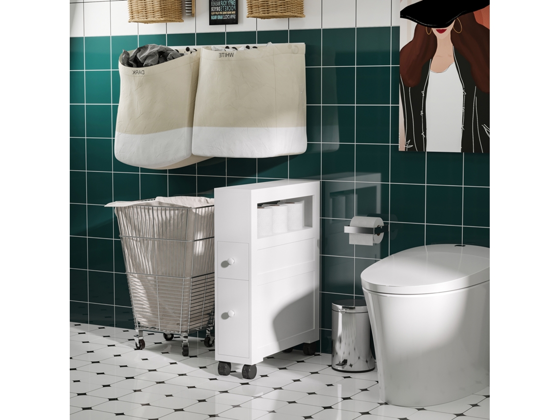 Mueble de baño para espacios pequeños, 4 ruedas, estante abierto, cajones, 16x52x71,5 cm, blanco