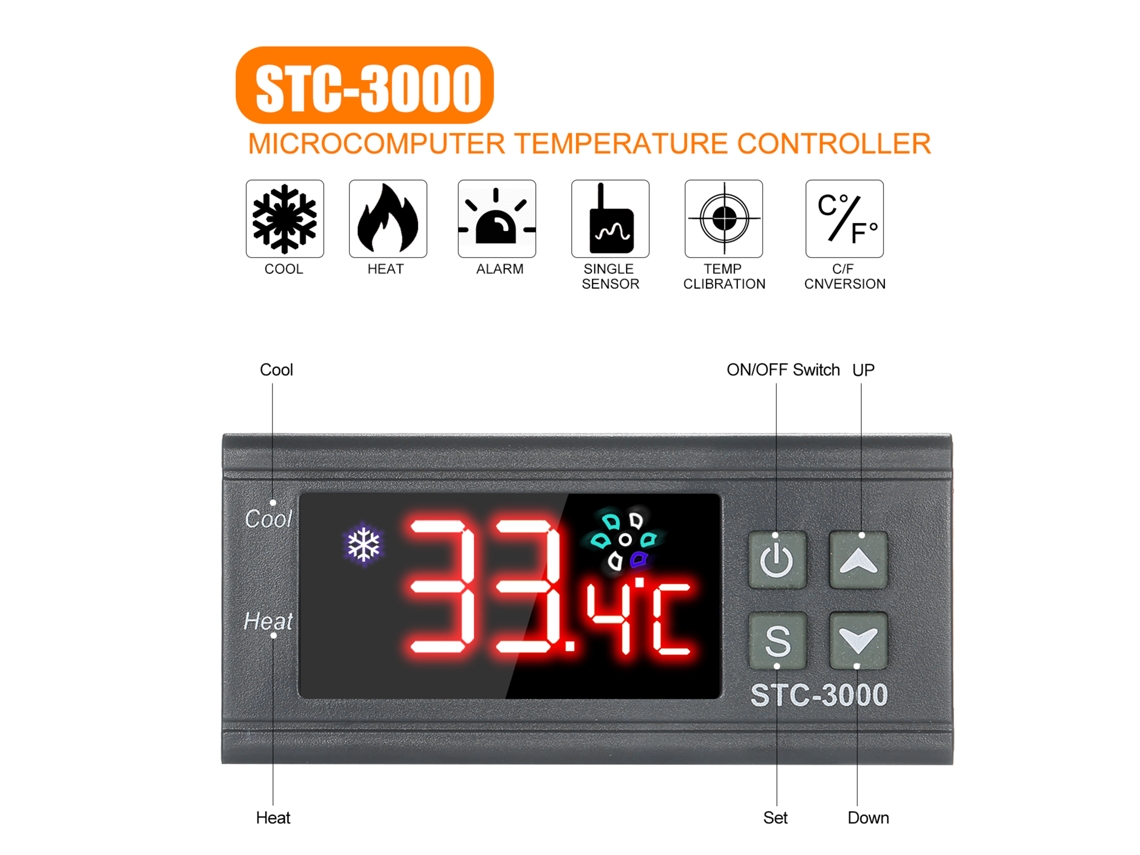 Controlador Digital De Temperatura Stc-3000 De 12 V Con Sonda Ntc Para Calefacción Y Refrigeración.