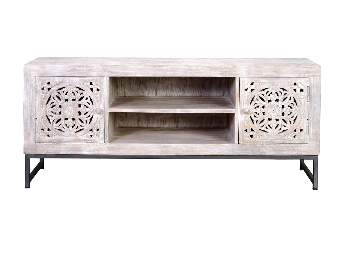 Mueble TV madera de mango y patas de metal blanco envejecido Blanco.GINER Y COLOMER 55x40x130