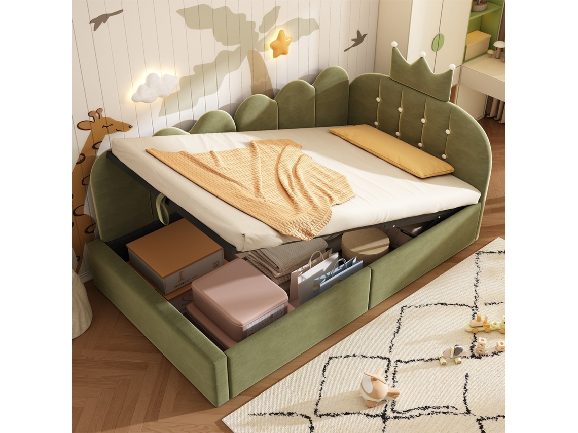 Cama De Día Tapizada 90x190 Cm Con Almacenamiento Hidráulico, Diseño En Forma De L De Terciopelo Verde, Cama De Invitados (sin Colchón)
