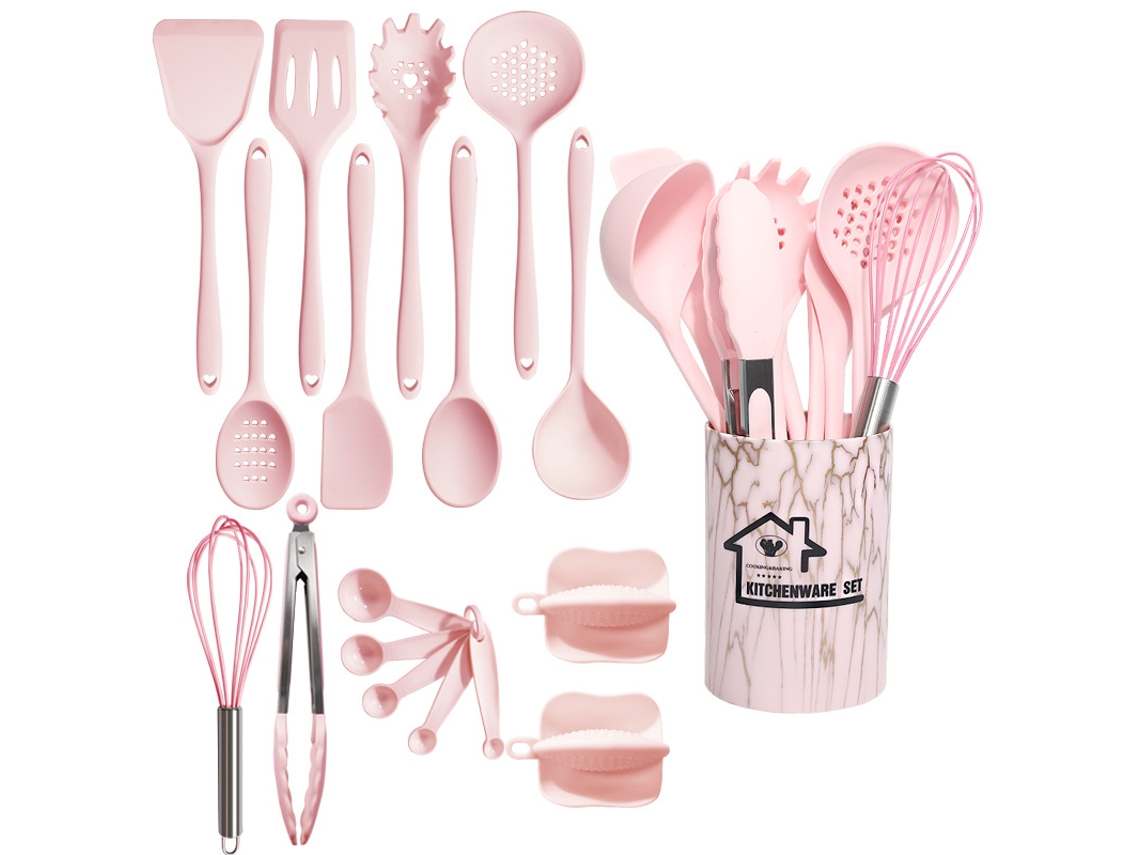 18 Peças Utensílios De Cozinha De Silicone Antiaderentes Resistentes Ao Calor Rosa GERTIZ
