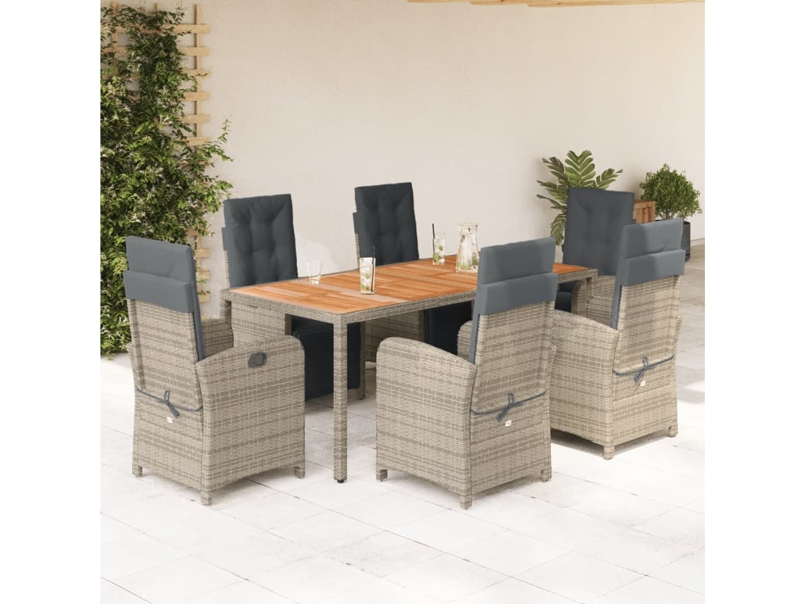 Juego de comedor de jardín de 7 piezas con cojines, mimbre gris, DKD Home Decor
