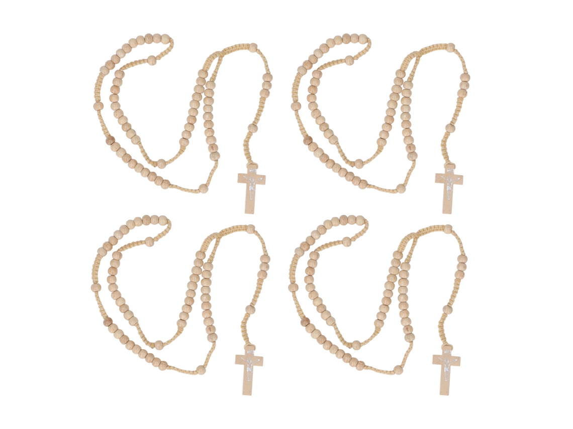 Rosario De Madera De 10 Piezas Con Cruz De Jesús, Católico, Unisex, Cuentas Naturales, Collar, Joyería, Color Beige.