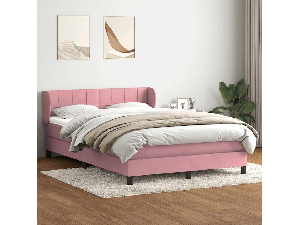 Cama Box Spring Con Colchón Terciopelo Rosa 140x220 Cm