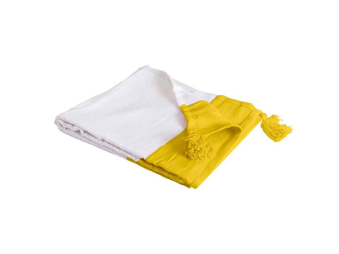 Manta Plaid 100% Algodón Amarillo Y Blanco Con Borlas 130x170cm Slavann