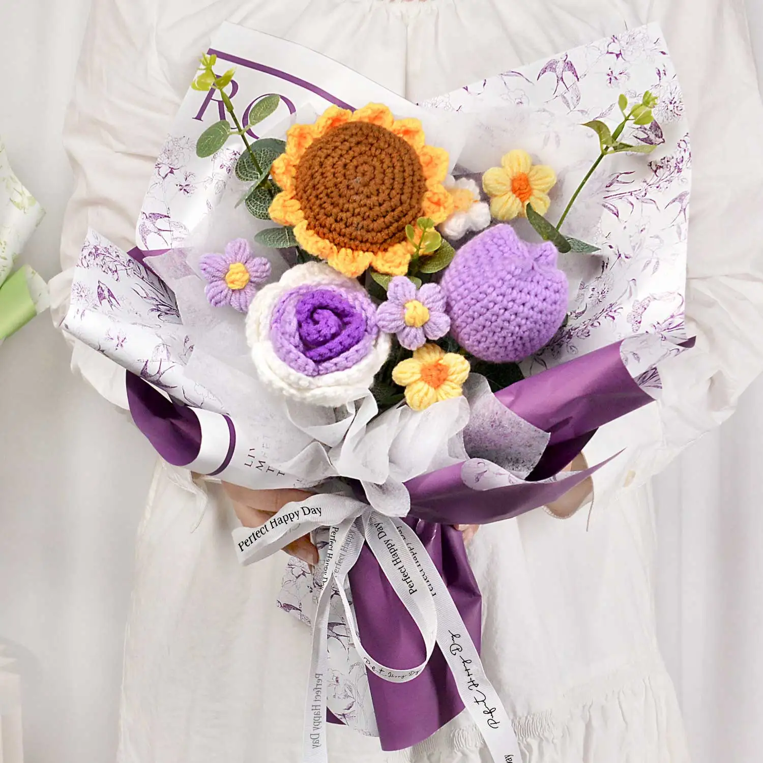 (morado) Ramo De Tulipanes Tejido A Mano A Crochet, El Regalo Perfecto.
