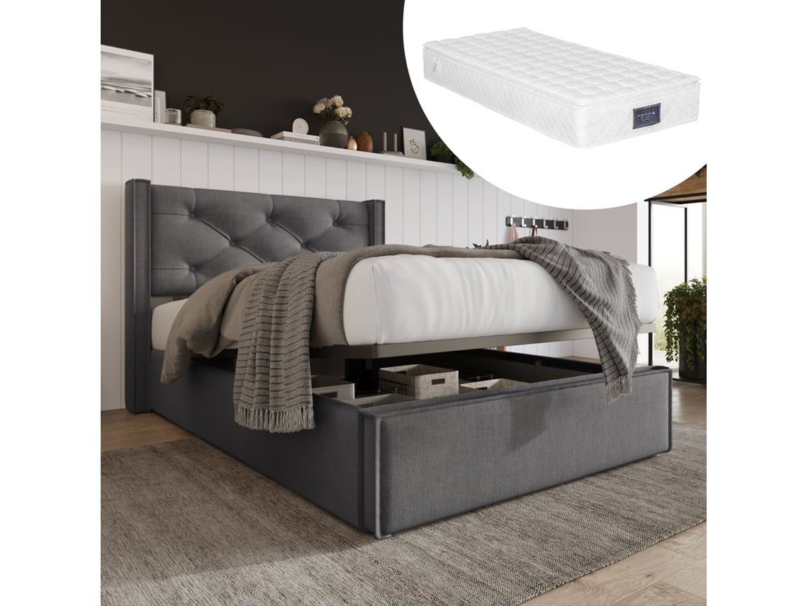 Cama Individual Con Suspensión Hidráulica, 90x200 Cm, Algodón, Gris, Somier De Láminas Metálicas, Colchón Incluido.