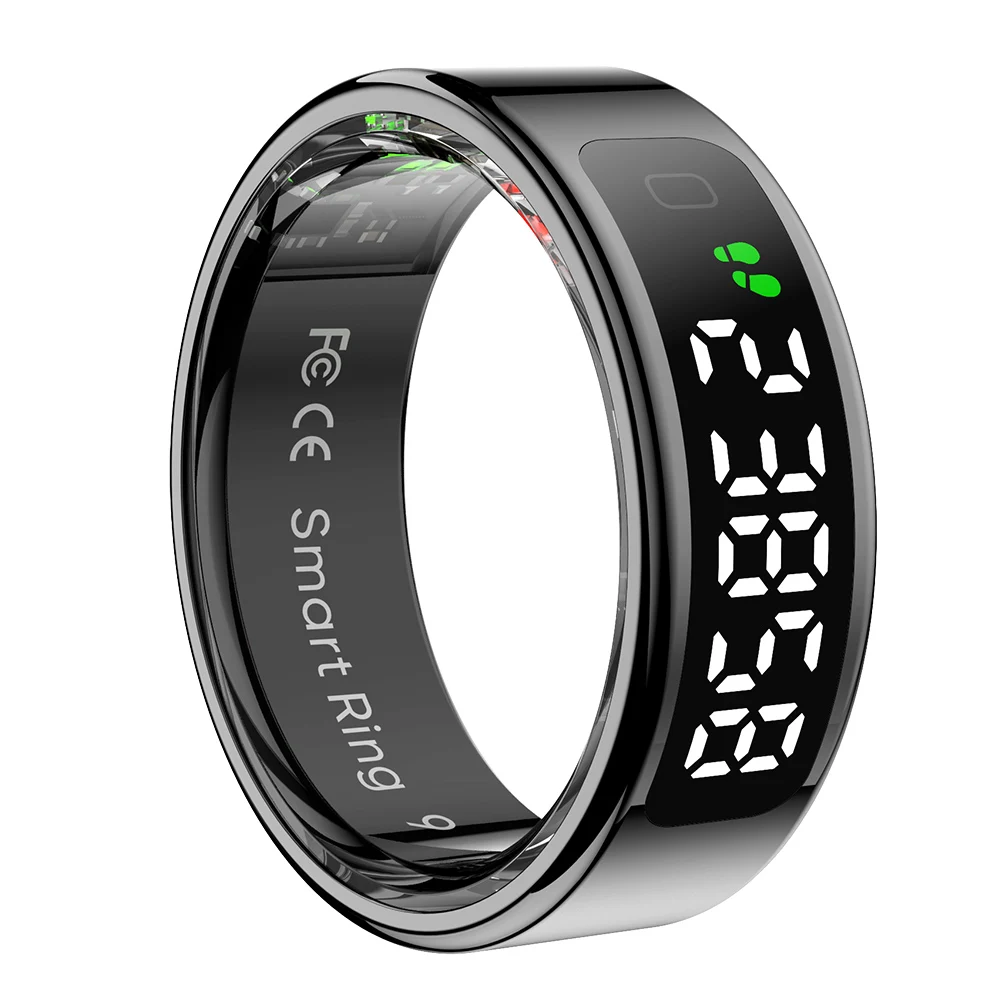 (Talla 8, Negro) Anillo inteligente con pantalla, control táctil inteligente, resistente al agua y compatible con carga inalámbrica.