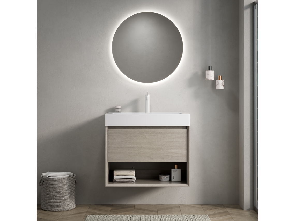 Lámpara de baño de pared de 70 cm con lavabo rectangular de resina, cajón y nicho abierto, roble claro, BGA STORE