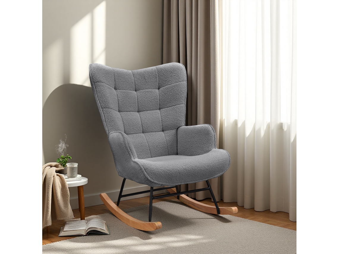 Mecedora con respaldo, sillón con patas de madera maciza antideslizantes, felpa gris oscuro, 75x60x92cm, para salón, Rosahqnda