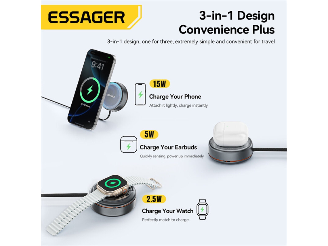 Cargador Inalámbrico Essager Z19 3 En 1 De 15 W Con Cable Retráctil Y Soporte Para Teléfono. Base De Carga Inalámbrica Rápida