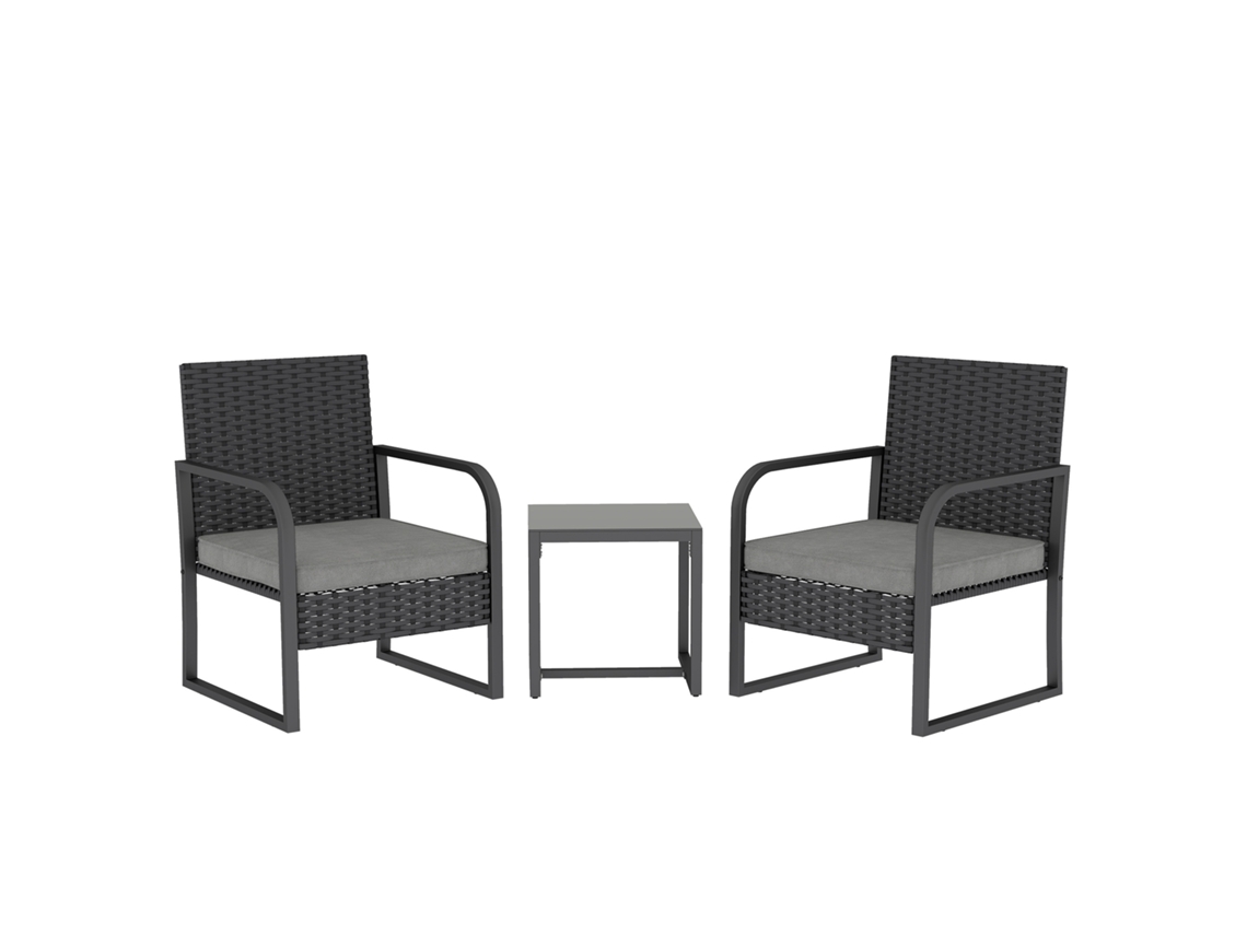 Conjunto De Salón De Jardín De Ratán Con 2 Sillones De Exterior Y Una Mesa De Centro Con Tablero De Cristal Negro.
