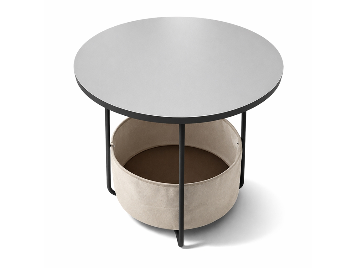 Mesa Auxiliar Relaxdays, Redonda Con Cesta Textil, H X D 50 X 45 Cm, Para Salón, Mdf Y Metal, Gris Crema