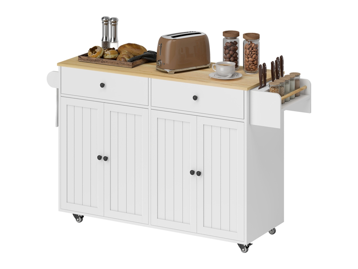 Ilha de cozinha móvel, 2 gavetas, 2 armários, com porta-temperos, porta-toalhas e porta-arquivos, em MDF, Branca. ZENCORE SERVICES