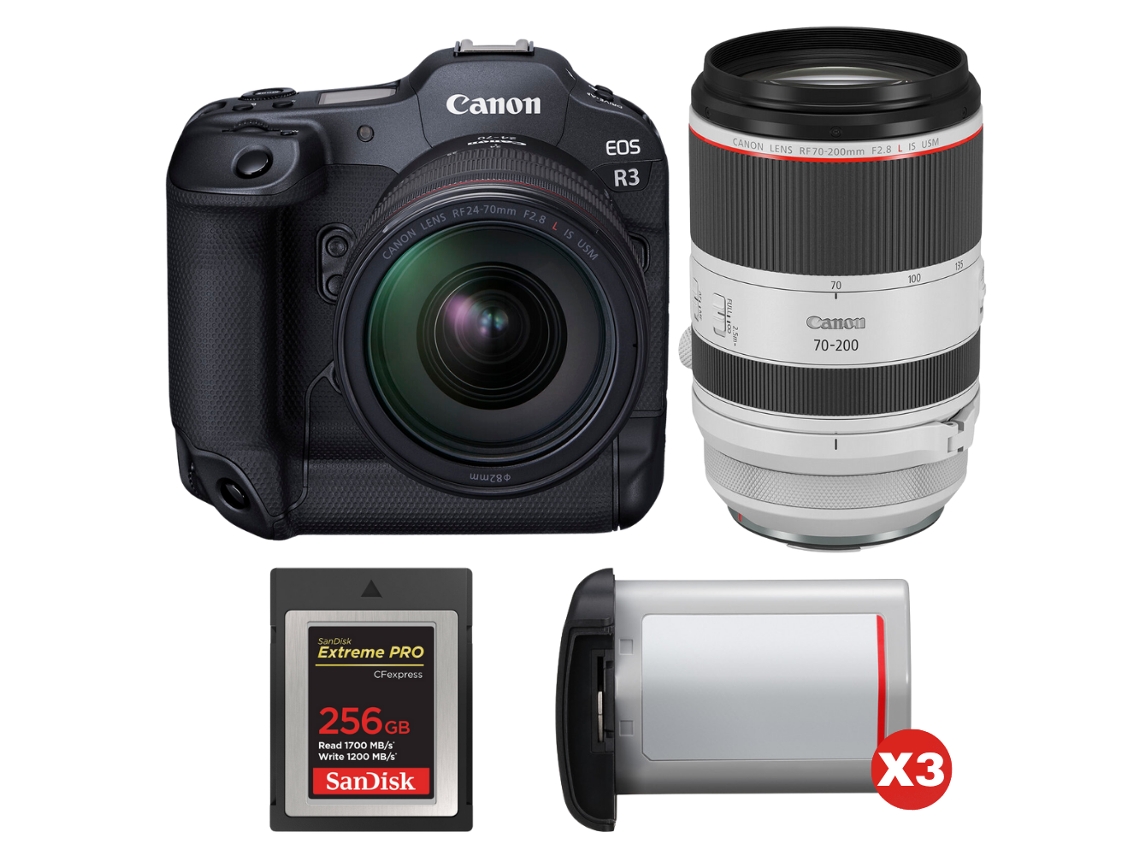 EOS R3 + RF 24-70 mm F/2.8 L IS USM + RF 70-200 mm F/2.8 L IS USM + 1 tarjeta Sandisk Extreme Pro de 256 GB Cfexpress tipo B + 3 Canon L + Libro electrónico Pricedirect CANON