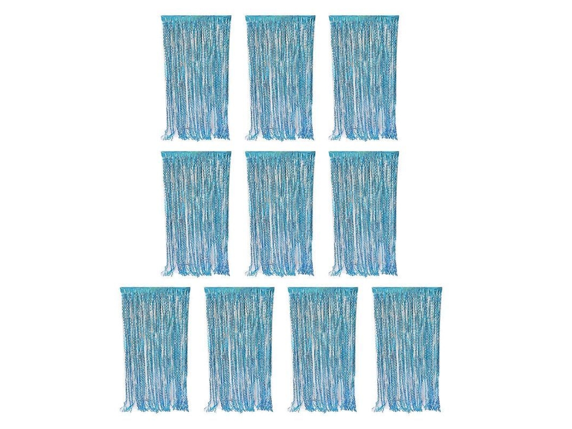 10 Cortinas Reutilizables De Flecos De Oropel Metálico Para Fiestas, Cumpleaños Y Decoración, Con Fondo Azul Claro.