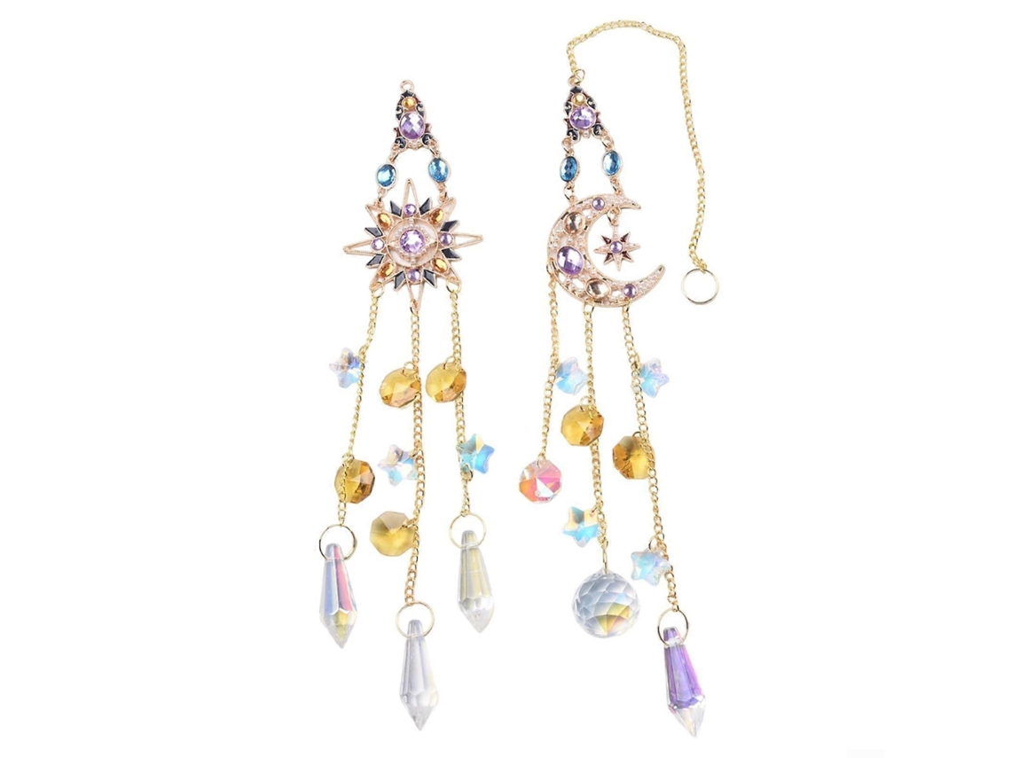 Conjunto de 2 piezas colgantes de cristal, efecto arcoíris, en vidrio transparente, estilo bohemio.