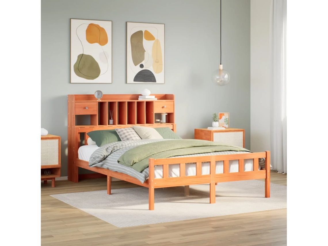 Cama Con Estantería Sin Colchón Madera Maciza Marrón 150x200 Cm