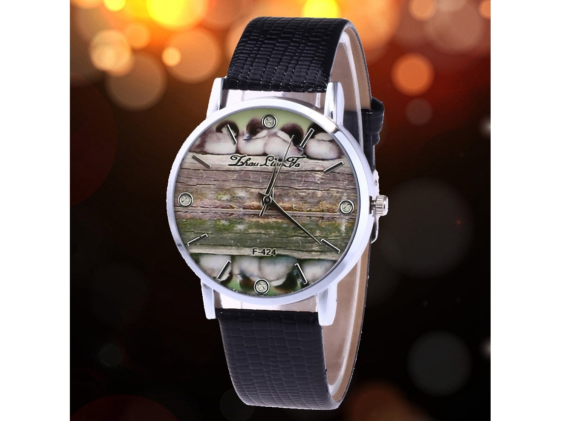 Reloj De Cuarzo Unisex Con Correa De Cuero Pu Dial Redondo Patrón De Madera Negro