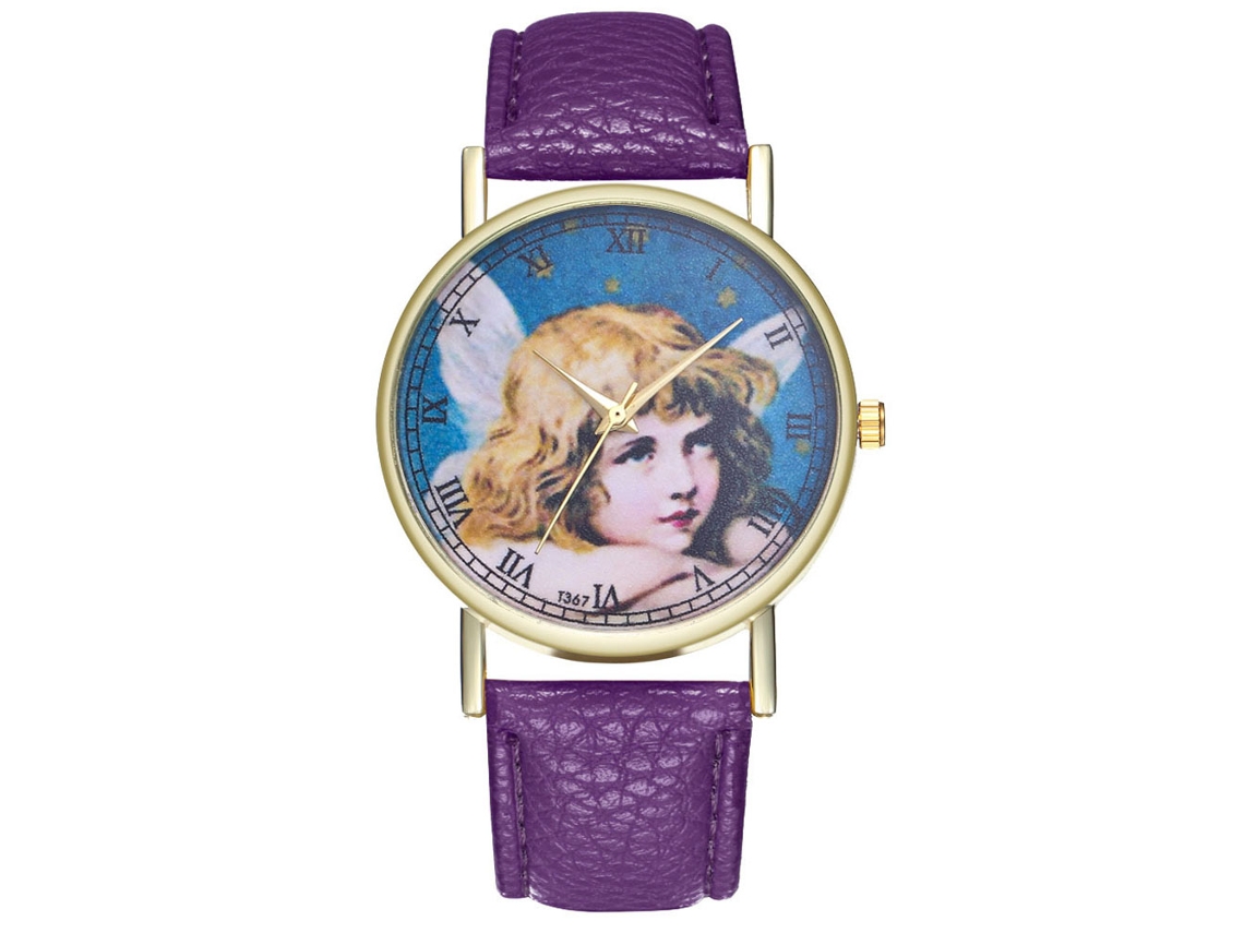 Reloj De Pulsera Analógico De Cuarzo Zhoulianfa, Estilo Clásico, Color Morado Con Diseño De Ángel.