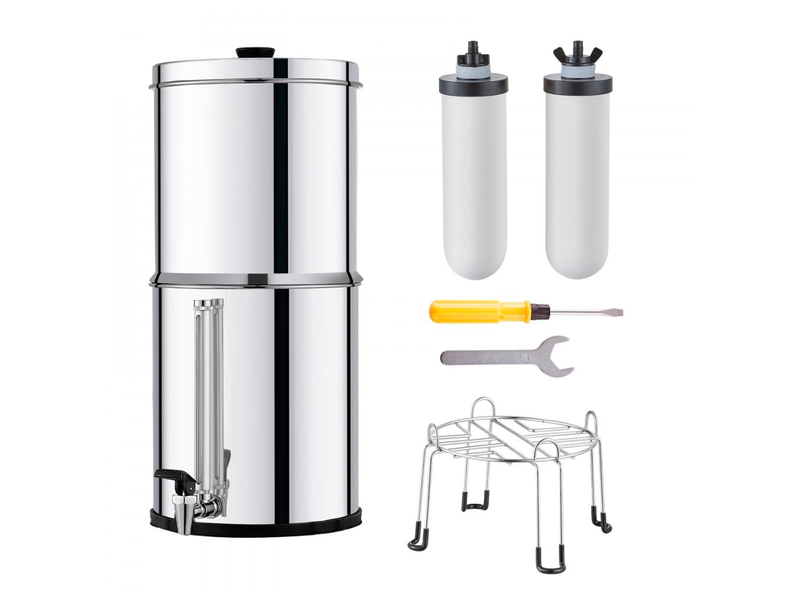 Sistema de filtración de agua por gravedad de 16 l con 2 filtros de acero inoxidable Tekmaquinas