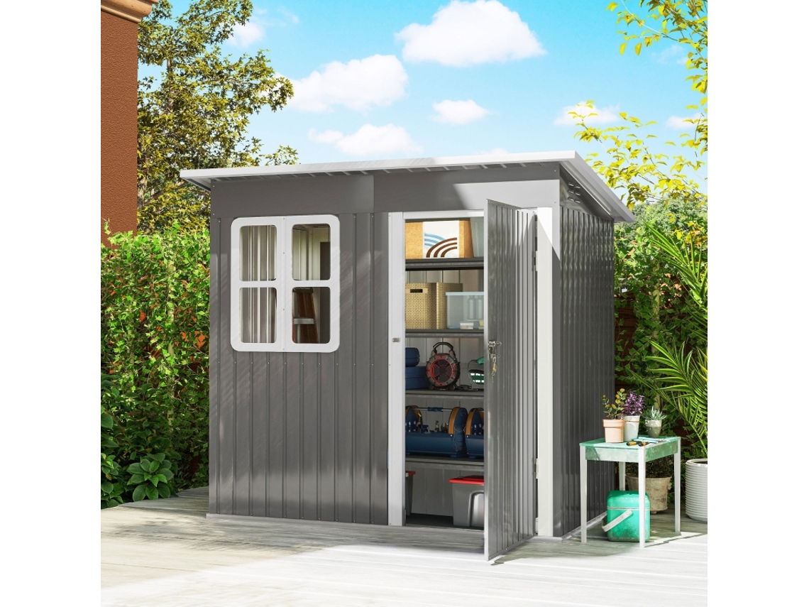 Caseta de jardín, casita con ventana, puerta con cerradura, acero, 221x133x190 cm, gris. ZIWEI STORE