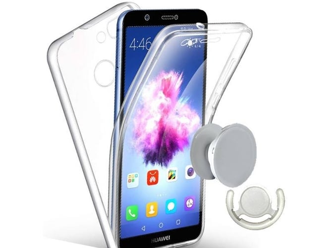 Kit Funda, PopSocket y Soporte PopSocket Blanco Huawei Y5, Y6 2017 360º Transparente
