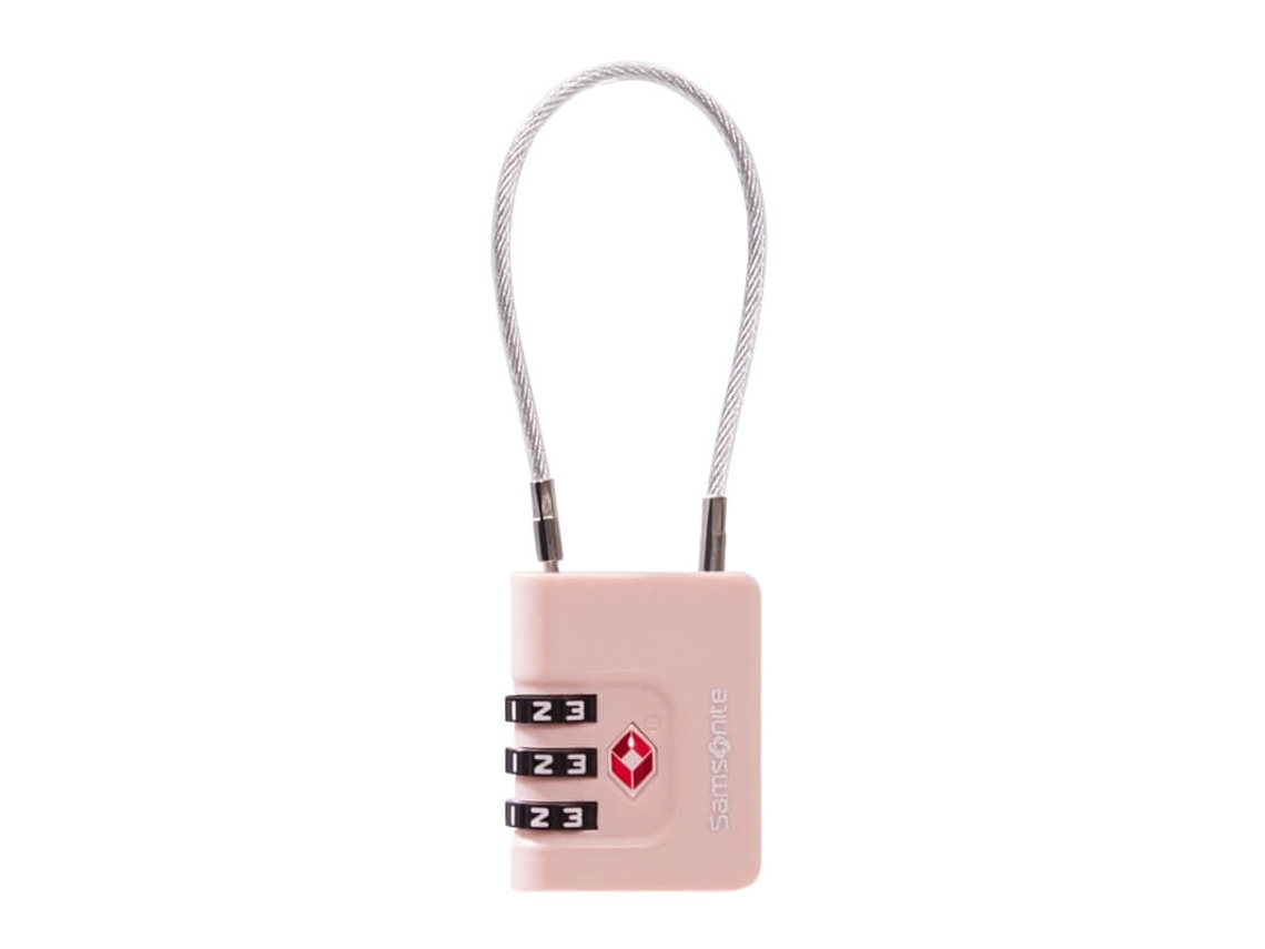 Candado Samsonite Revolution rosa de 3 dígitos con certificación TSA y cable.