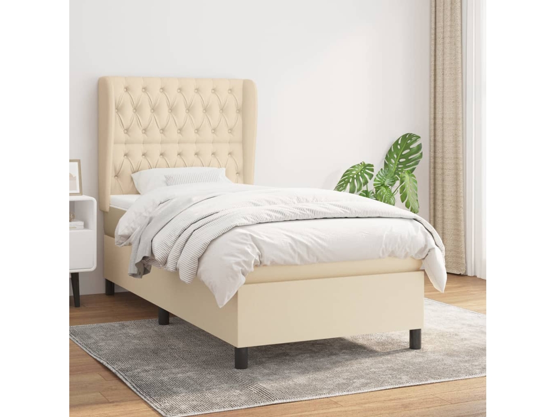 Cama Box Spring Con Colchón Tela Color Crema 90x200 Cm
