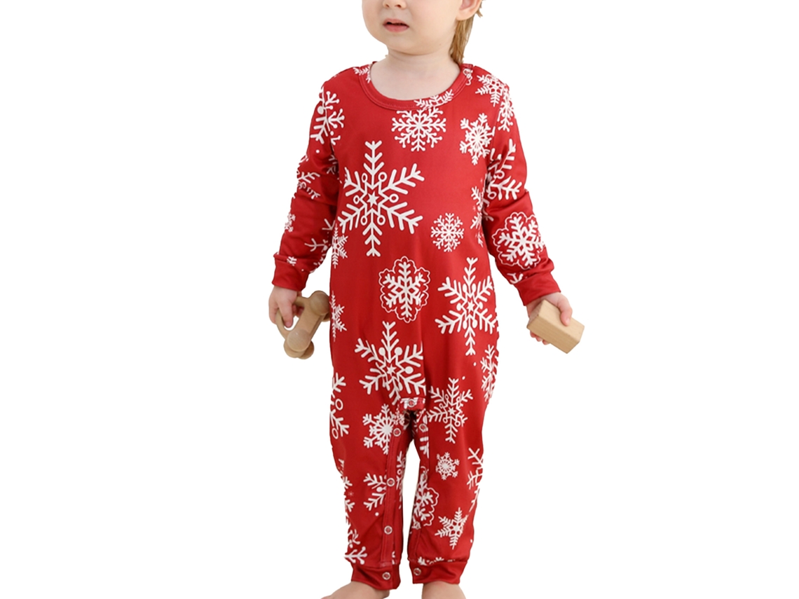 Pijamas Navideños Para Familia Con Estampado De Copos De Nieve, Cuello Redondo, Mangas Largas, Talla Bebé 6‑9m