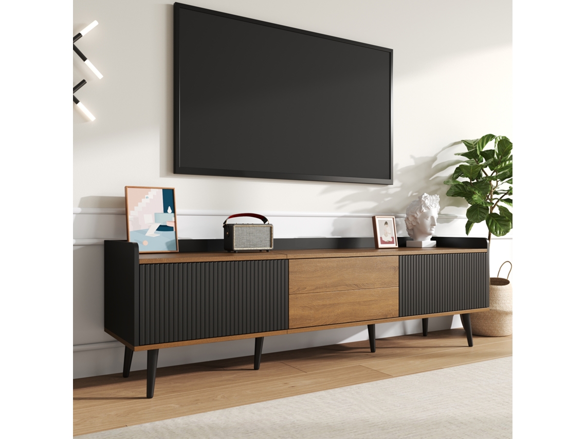 Mueble Tv 160 Cm - Diseño Compacto, 3 Puertas - Negro Y Natural