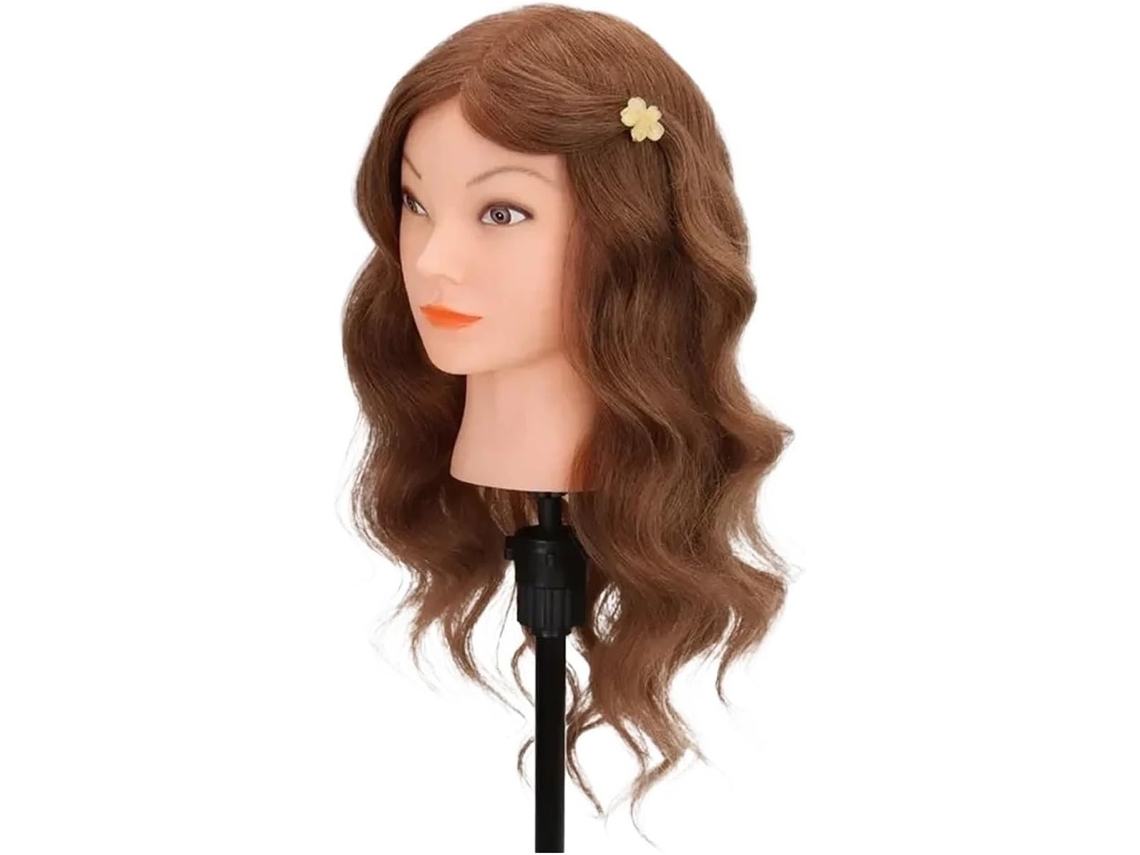 Cabeza De Maniquí De Cabello Natural Con Trípode, Color Marrón, Para Cosmetología, Peluquería Y Uso Práctico.