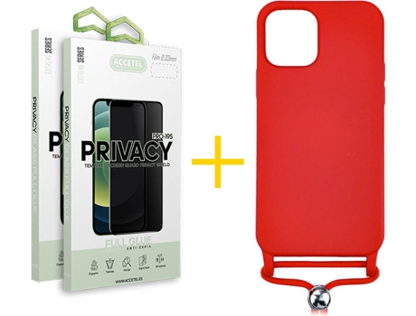 Kit Carcasa y Protector Cristal 2X Privacy Iphone 12 Mini Accetel Gel Rope Rojo