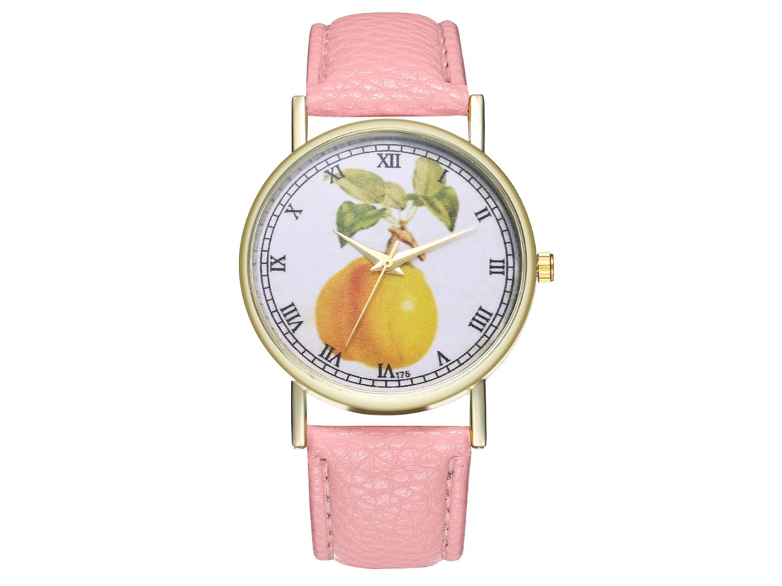 Reloj De Pulsera Unisex De Moda Con Correa De Piel Sintética Y Esfera Rosa Con Diseño De Frutas.