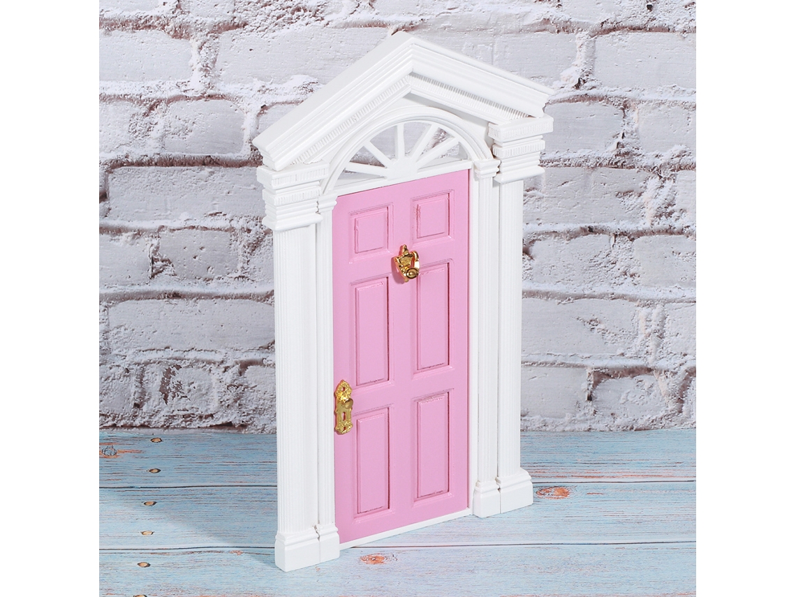 Puerta De Abedul En Miniatura Con Abertura De Hadas Para Casa De Muñecas A Escala 1:12 Con Accesorios Rosas.