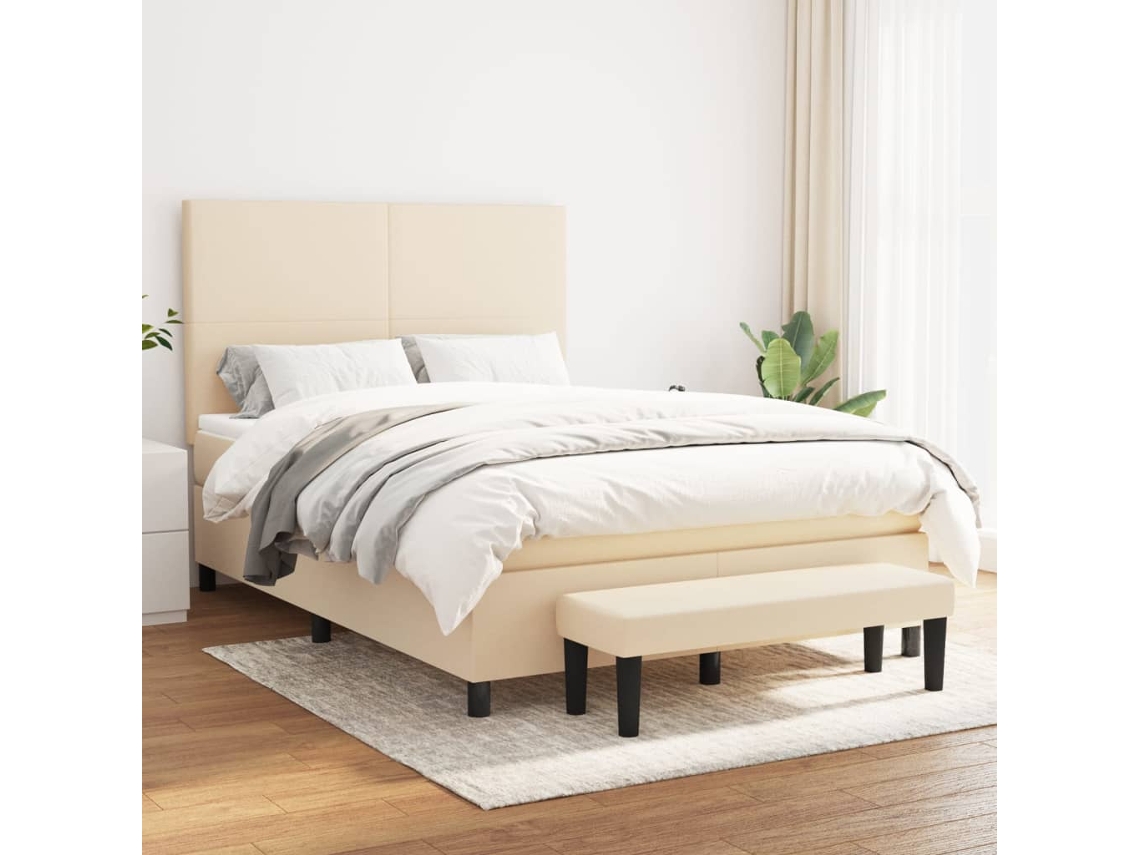 Cama Box Spring Con Colchón Tela Color Crema 140x190 Cm