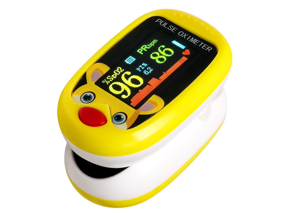 Oxímetro de pulso amarillo para niños, monitor de SpO₂ y frecuencia cardíaca, portátil y divertido para niños.
