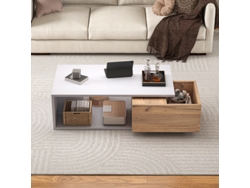 Mesa de centro de 905x30 cm, con cajones giratorios 360°, incluye un cajón y espacio de almacenaje abierto.