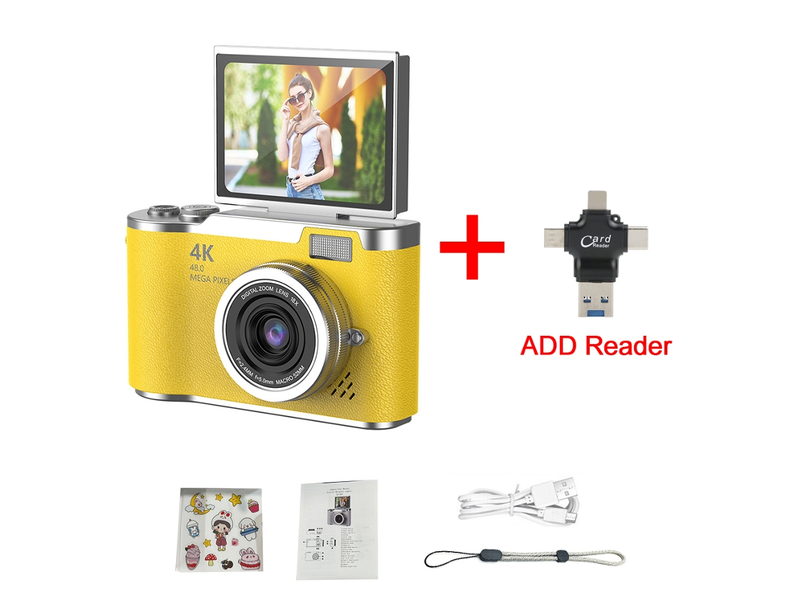 Cámara digital 4K de 48 MP para niños, enfoque automático, pantalla de 2,4 pulgadas con rotación de 180°, MDUG (amarilla con lector de tarjetas de 32 GB)