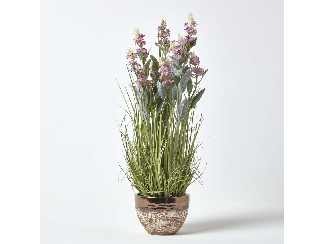 Planta artificial de lavanda rosa de Homescapes en maceta decorativa de cerámica metálica, 66 cm de alto