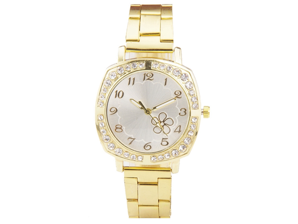 Reloj Unisex De Acero Con Correa De Cuero Y Diamantes De Imitación, Movimiento De Cuarzo (dorado)