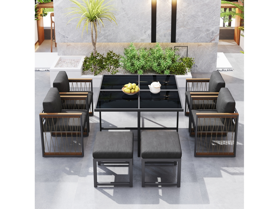 Juego Comedor Exterior 7 Piezas - Mesa Cristal Templado Y Acacia Para 6 Personas - Negro Natural