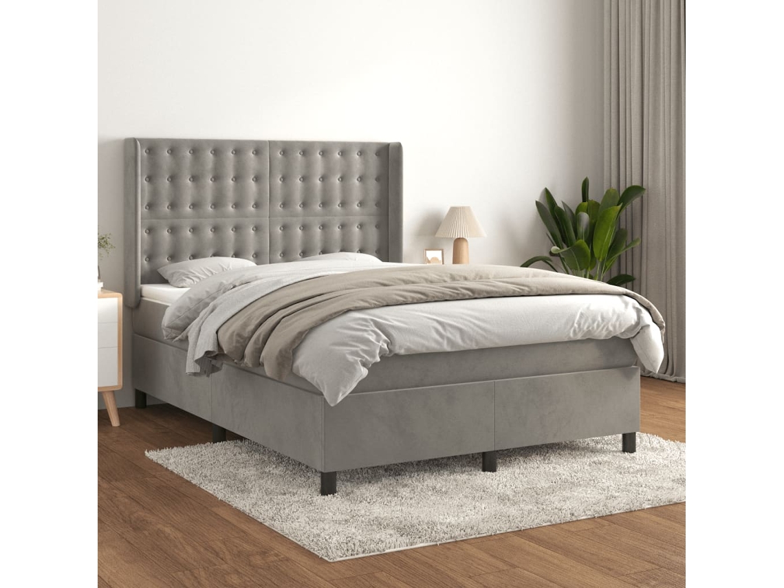Cama Box Spring Con Colchón Terciopelo Gris Claro 140x200 Cm