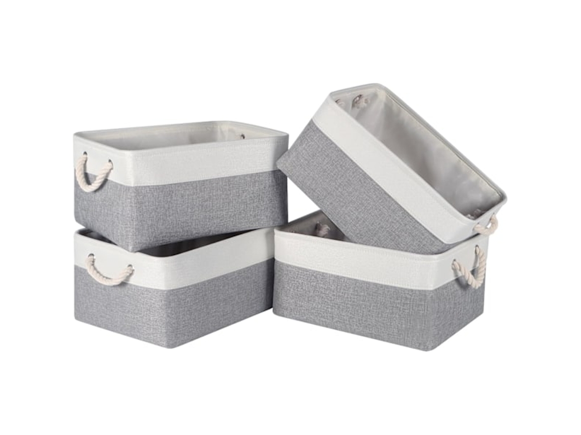 Cesta de almacenamiento con asas para estantes y cajones, grande, de tela, para organizar el hogar y la oficina, color blanco y gris.