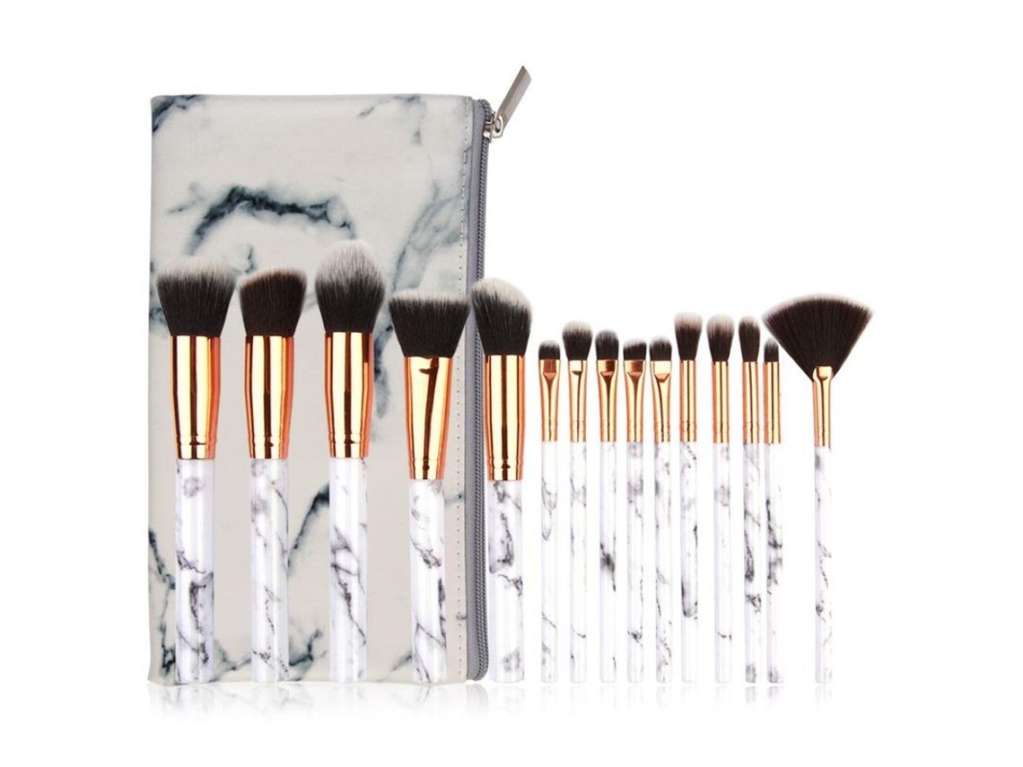 Set De 15 Brochas De Maquillaje Con Estuche De Mármol - Brochas Suaves Para Rostro Y Ojos